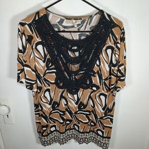 Cato Top Women 14/16W Brown Black Abstract Print Crochet Bib Bohemian Retro